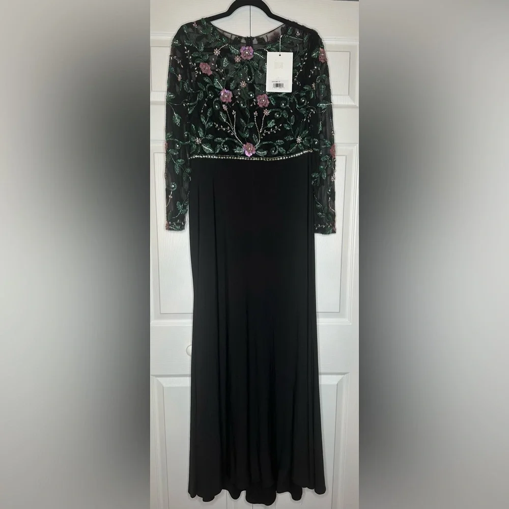 Mac Duggal Black Dress with Green Floral Sleeves - Picture 4 of 9